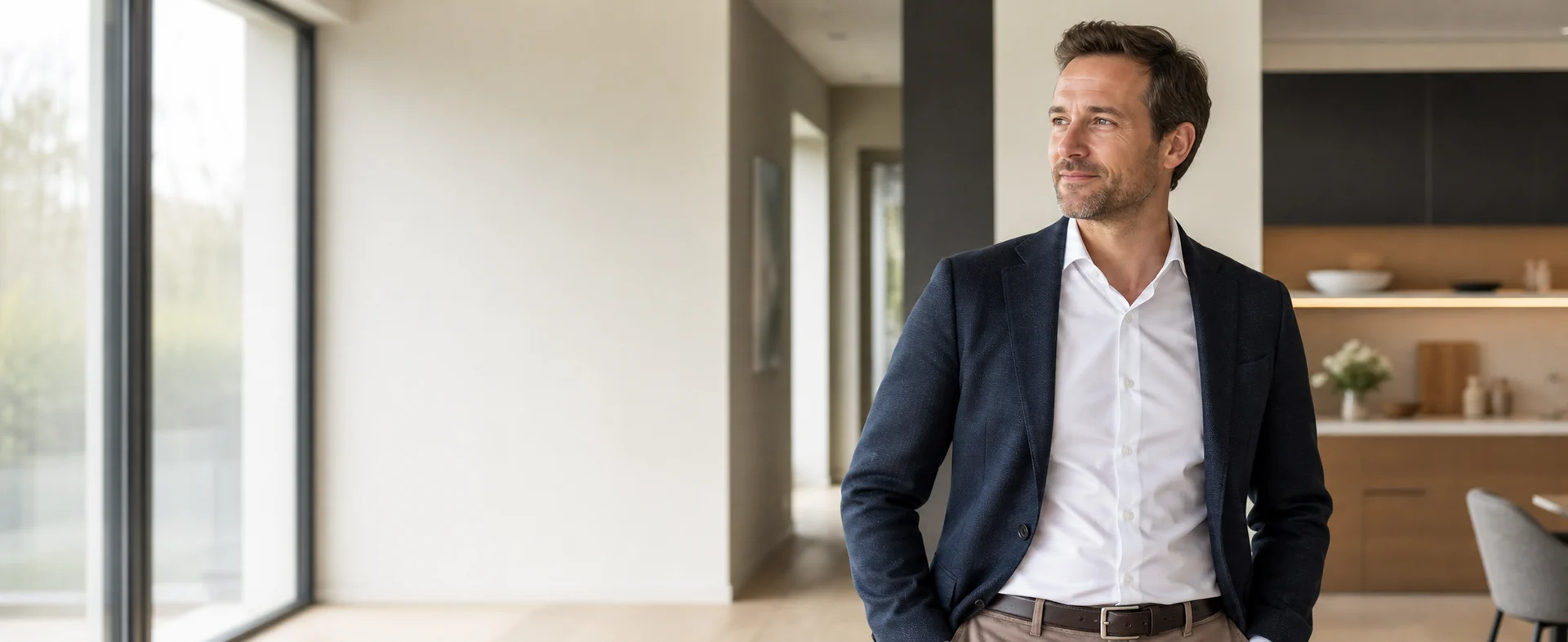 Authentischer Immobilienberater in einem modernen Wohnhaus
